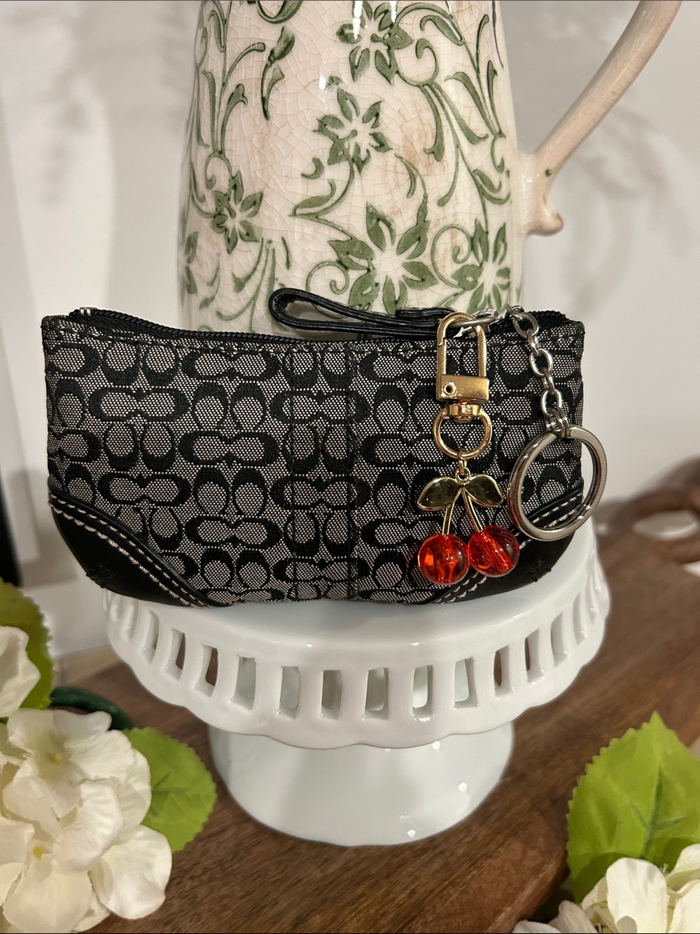 Coach Black Signature Zip Coin Pouch with Red Cherry Charm
